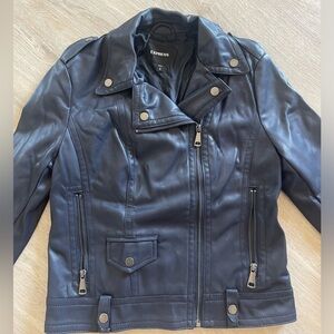 Express Navy Blue Faux Leather Belted Moto Jacket S